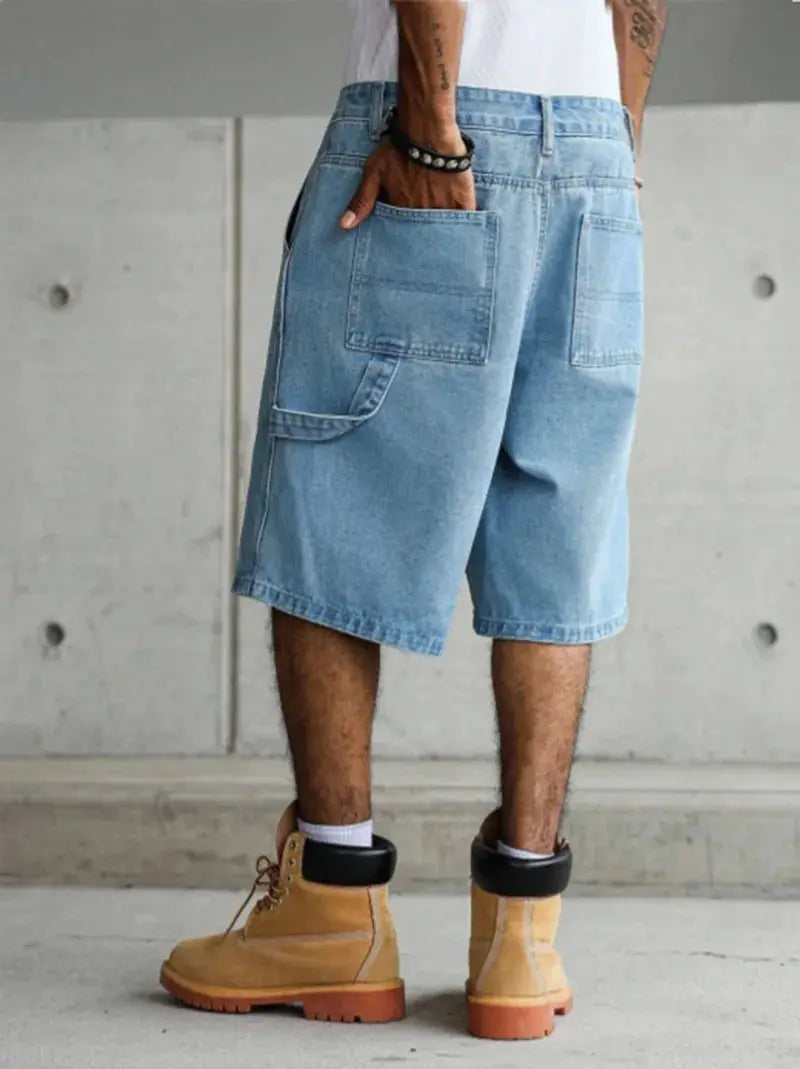 Men's Light Blue Wide-Leg Utility Denim Shorts by Simples Market with rear patch pockets
