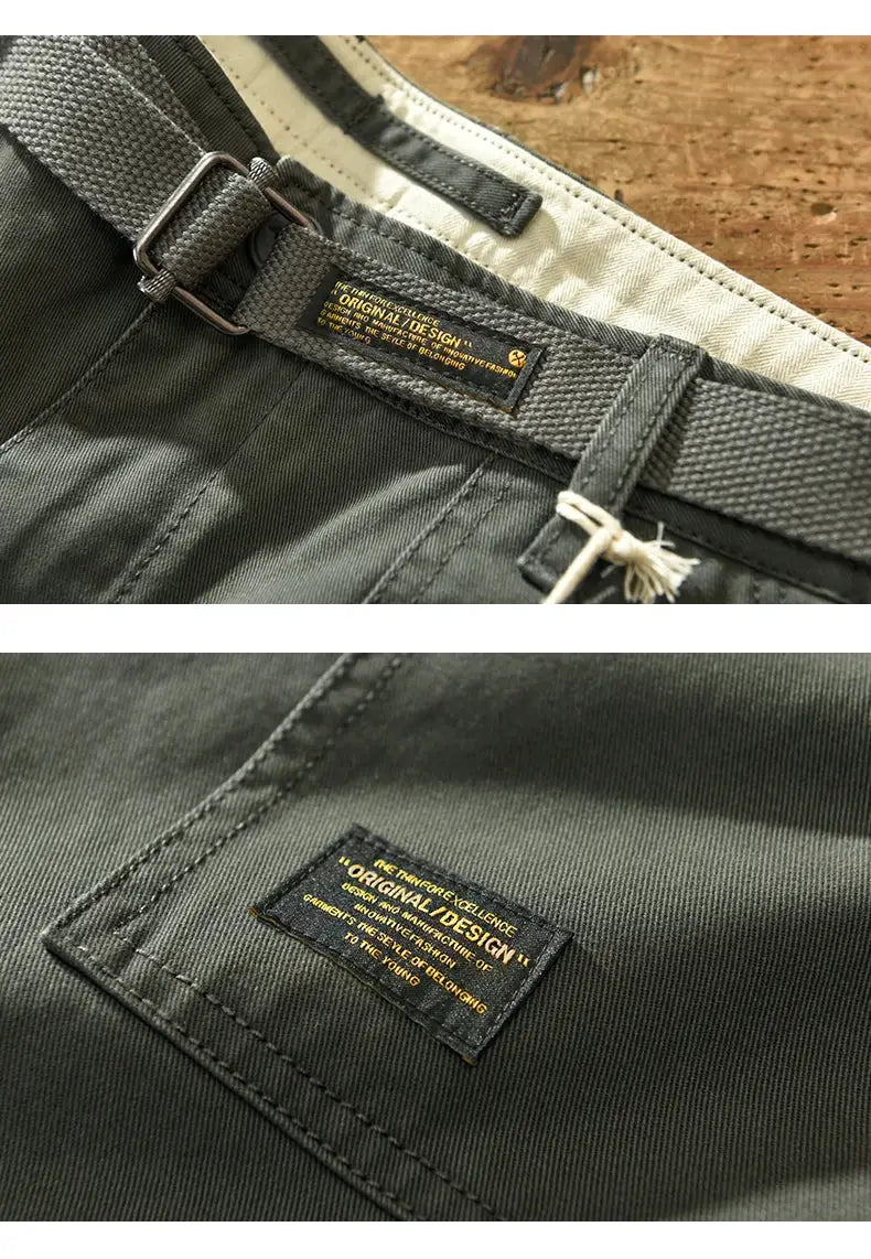 Men's olive green cargo workwear pants with adjustable belt and roomy pockets