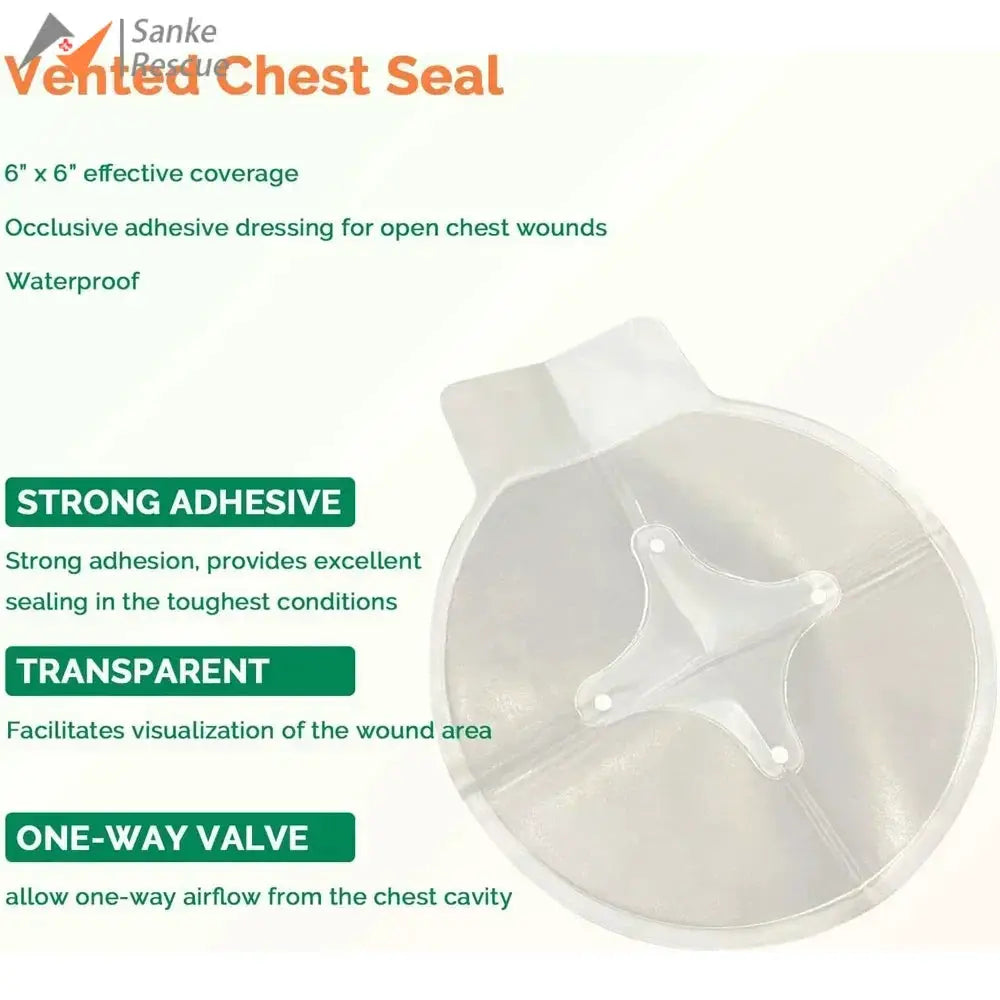 Vented Chest Seal for emergency wounds; 6 x 6 in, transparent circular pad with strong adhesive and one-way valve