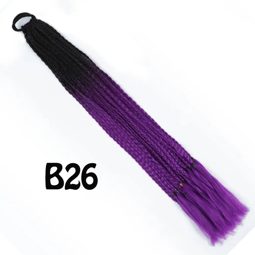 Synthetic gradient braided ponytail extension, 24in, black-to-purple rainbow with elastic band.