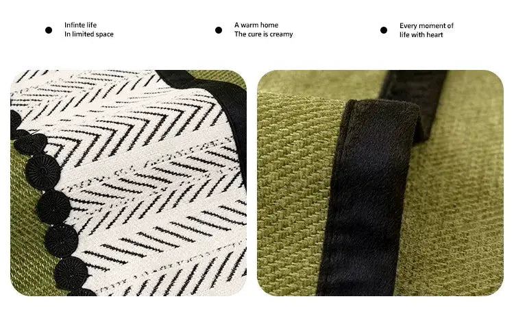 Sofa cover from Simples Market with contrast hem twill chenille; olive green with black trim and white pattern edge.