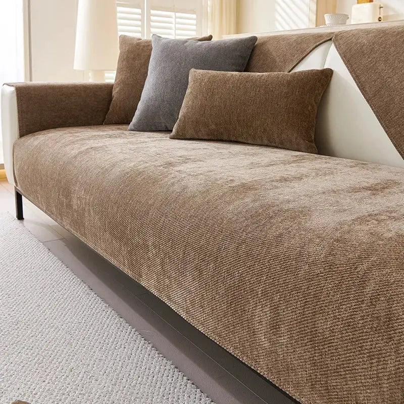 Sofa cushion cover solid brown waterproof chenille, four-season universal, non-slip