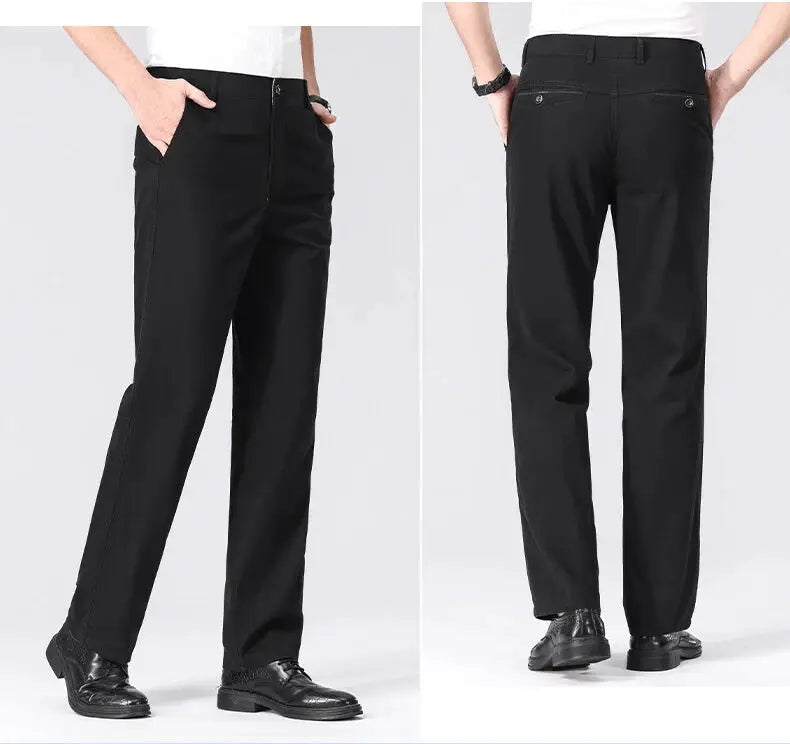 Men's Simples Market black chino pants with pockets, lightweight business casual trousers (front and back views)