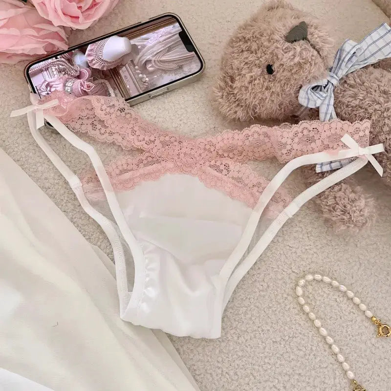 Simples Market cross belt lace mesh panties in white with pink lace waistband and bow ribbons, breathable cotton crotch