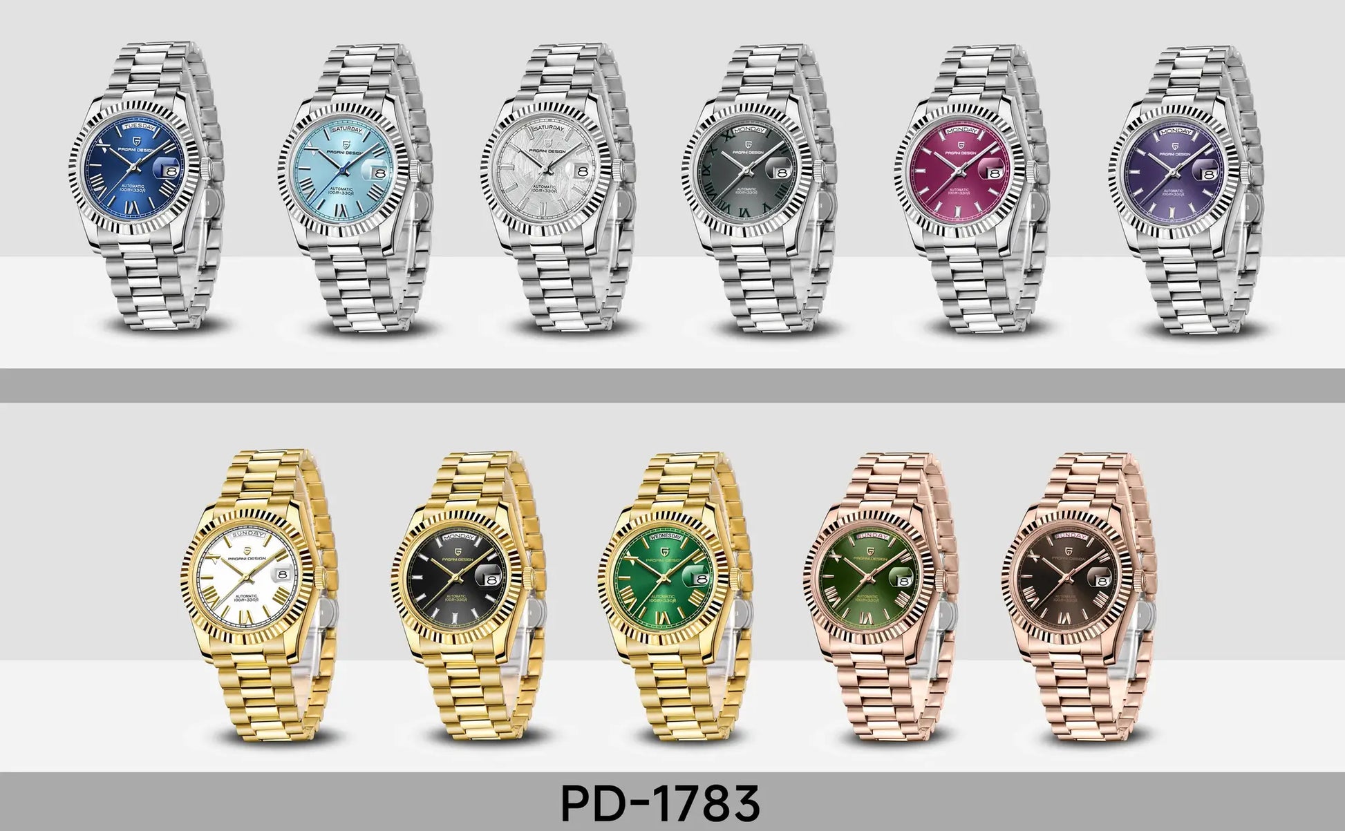 PAGANI DESIGN DD40 men's automatic watches; 12 stainless steel watches in blue, white, green and gold tones.