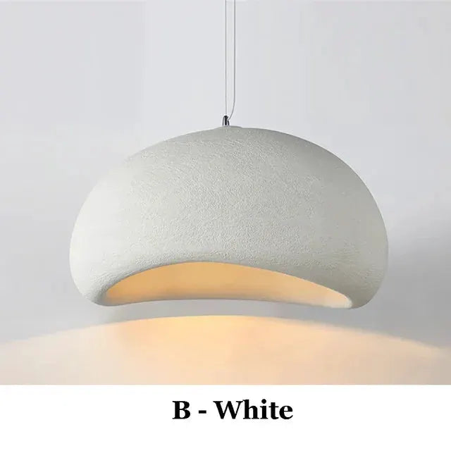Nordic Wabi Sabi pendant light, white textured ceramic dome with warm LED glow.