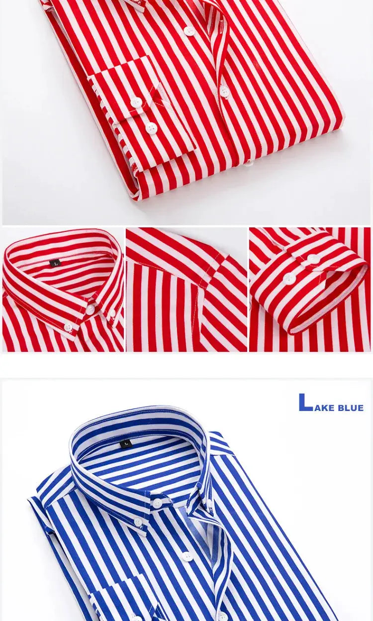 Men's striped shirt set, two colorways (red/white & blue/white), long-sleeve slim-fit with button-down collar.