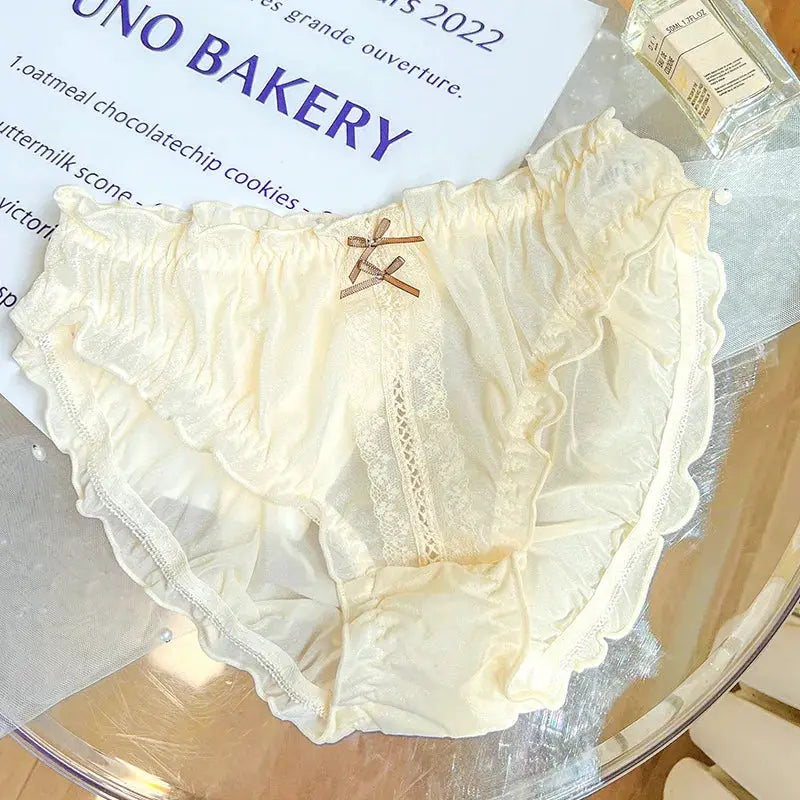 Panties, Simples Market 3XL cream ice-silk with lace panels, ruffles and a small bow