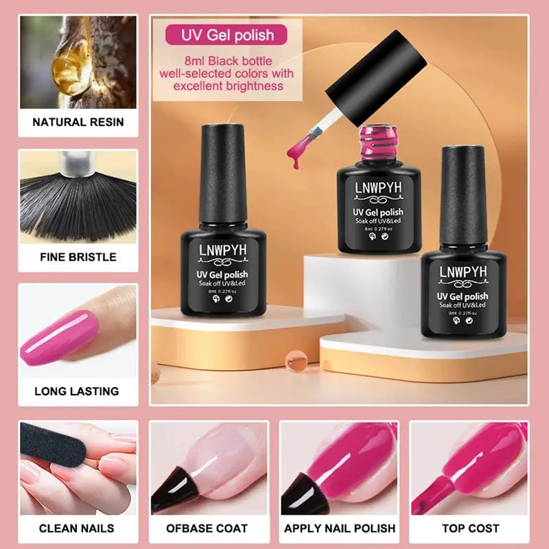 gel nail polish kit, 42-piece set by LNWYPH for UV LED manicure with base and top coats