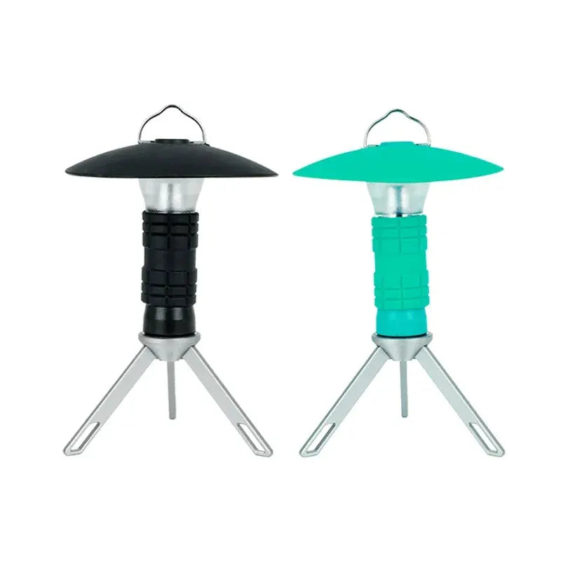 Two portable camping lights with tripod legs; black and teal