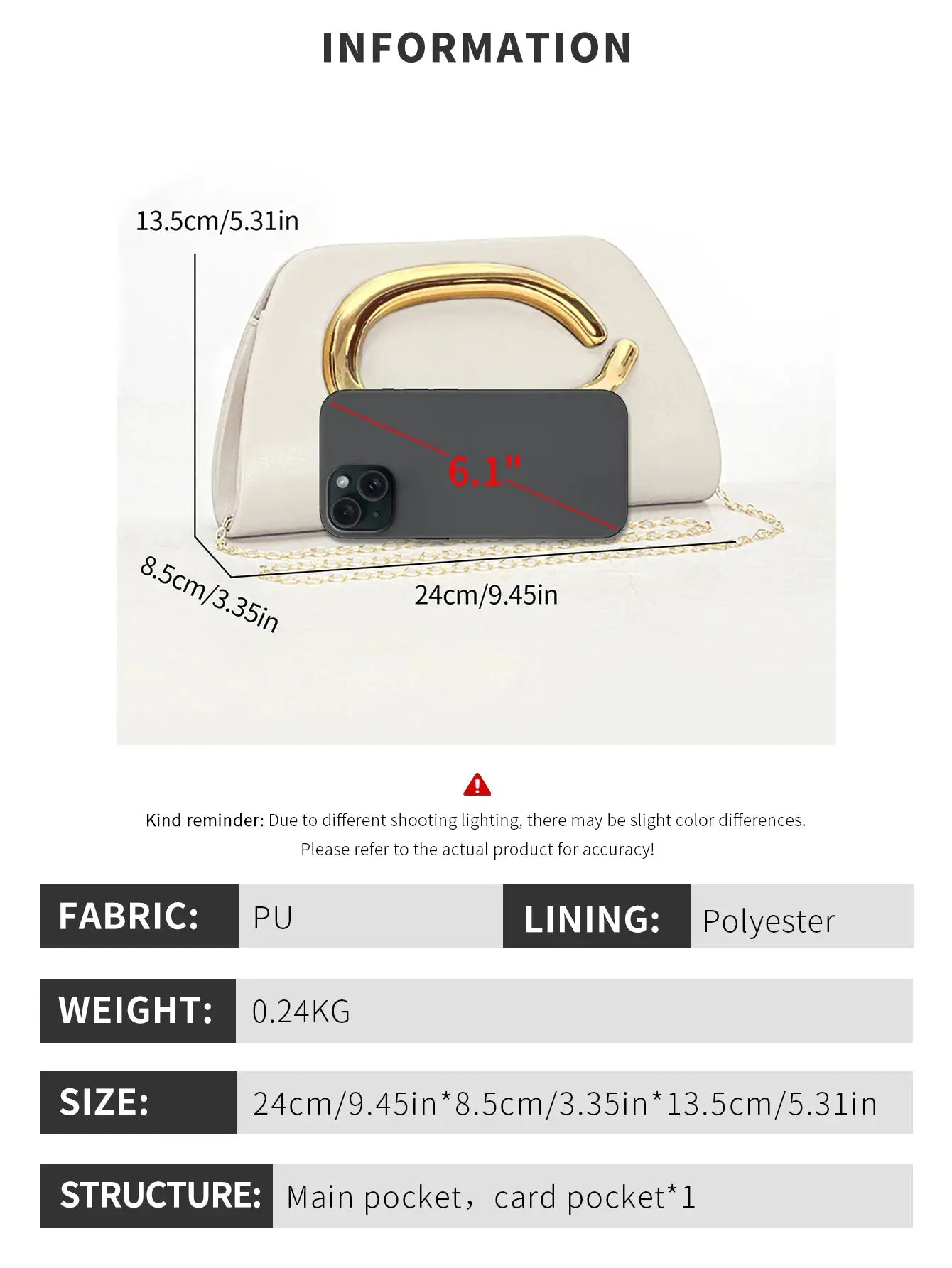 Gold-tone buckle box clutch with chain crossbody strap in ivory, elegant evening bag