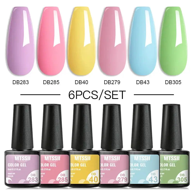 Six-piece MTSSII gel nail polish set in pastel shades DB283, DB285, DB40, DB279, DB43, DB305 for manicure