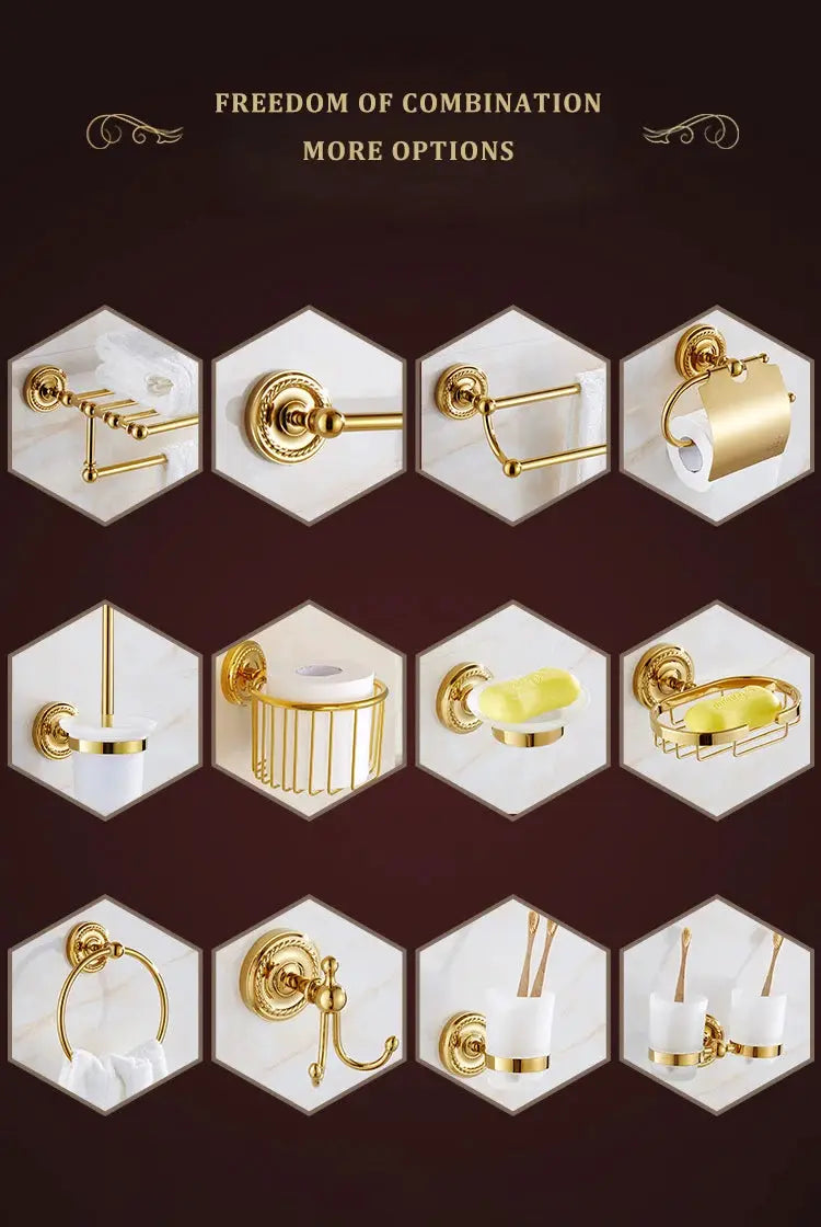 Simples Market 12-piece luxury gold brass bathroom accessories set with robe hook, paper holder, towel bar, towel ring and soap dish