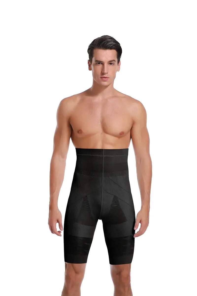 Men's high-waist tummy-control shapewear shorts in black, mid-thigh compression underwear.