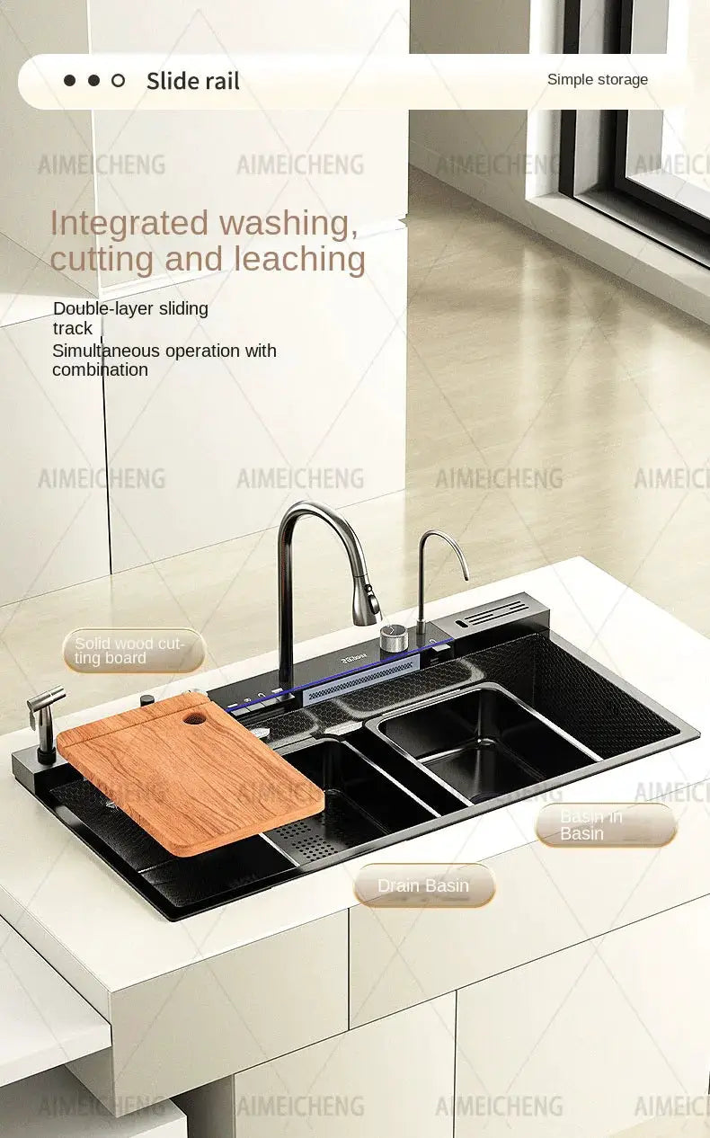 Stainless steel waterfall kitchen sink with dual basins, drainage board and wooden cutting board.