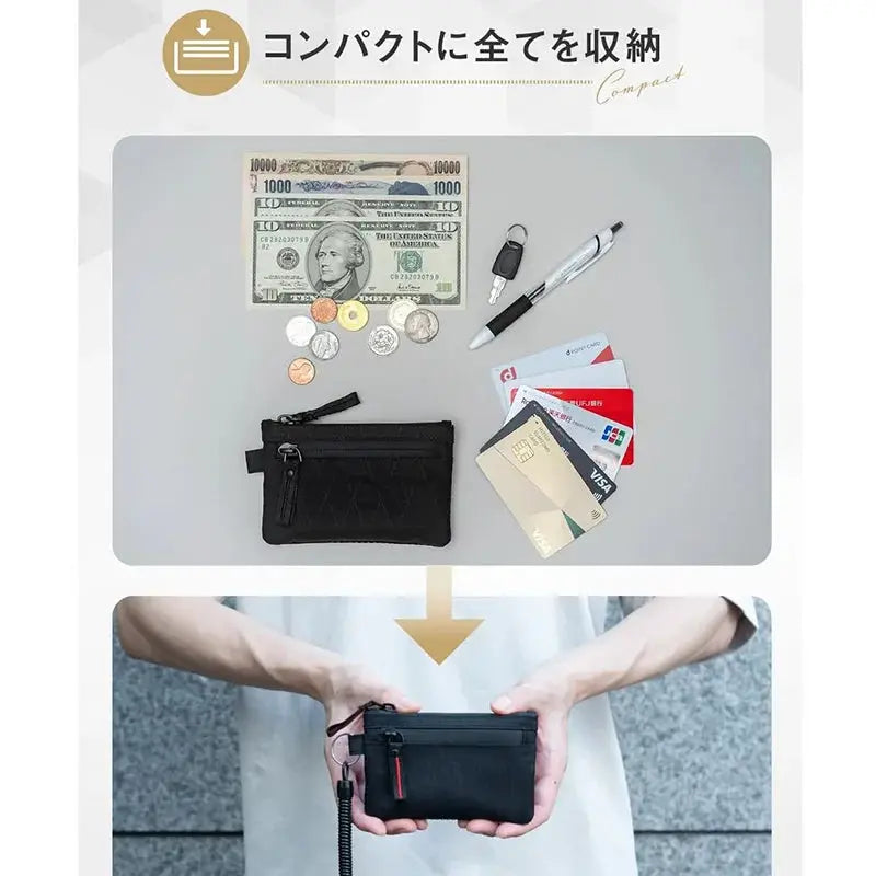 Black nylon zipper RFID wallet with a mini coin purse and card slots.