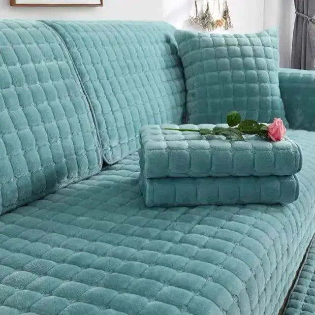 Velvet teal sofa cover set with matching cushions by Simples Market