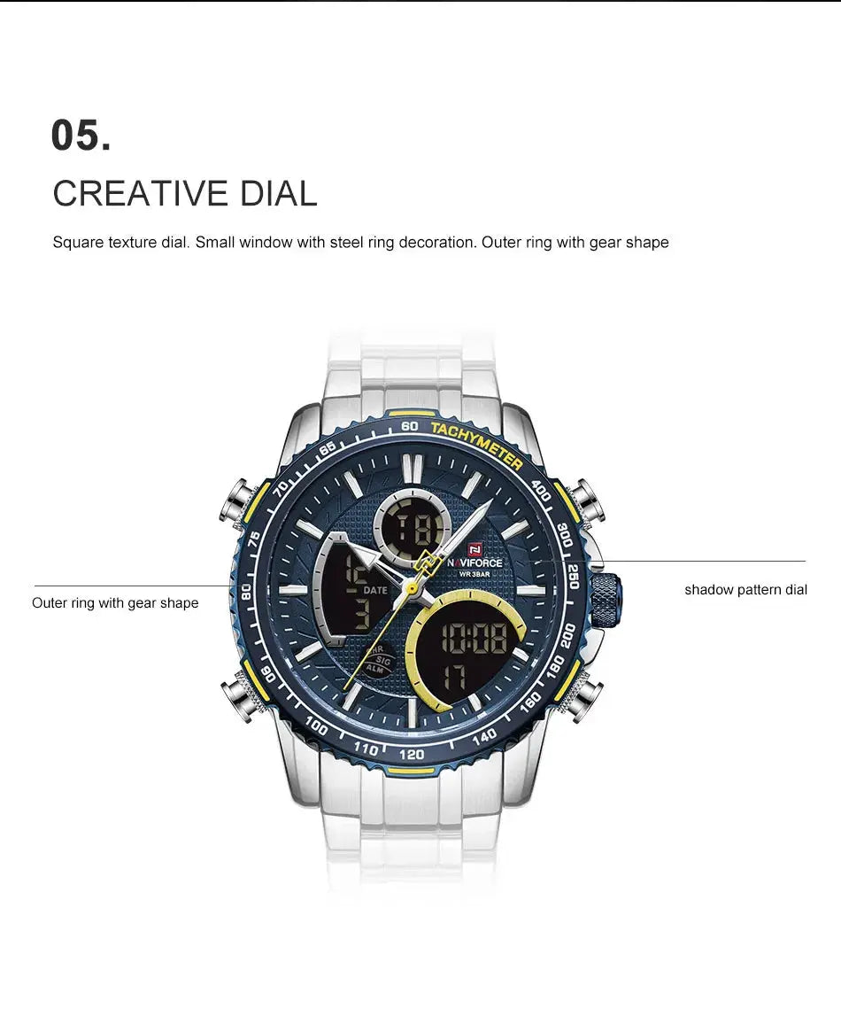 NAVIFORCE men's fashion chronograph wristwatch with blue dial and stainless steel band