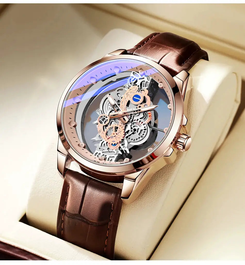Men's skeleton automatic wristwatch with rose-gold case, brown leather strap, and transparent gear dial