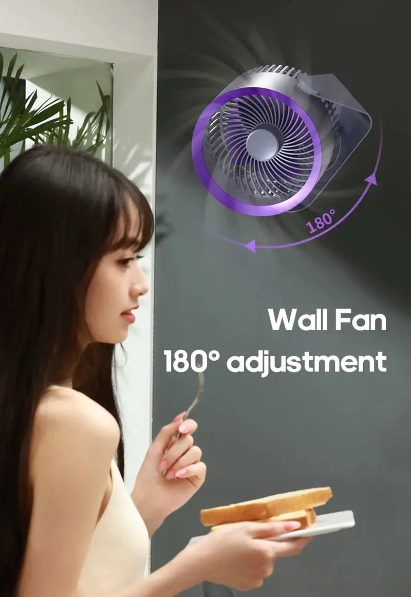 KINSCOTER wall fan with purple ring, 180° adjustable electric circulator for home use
