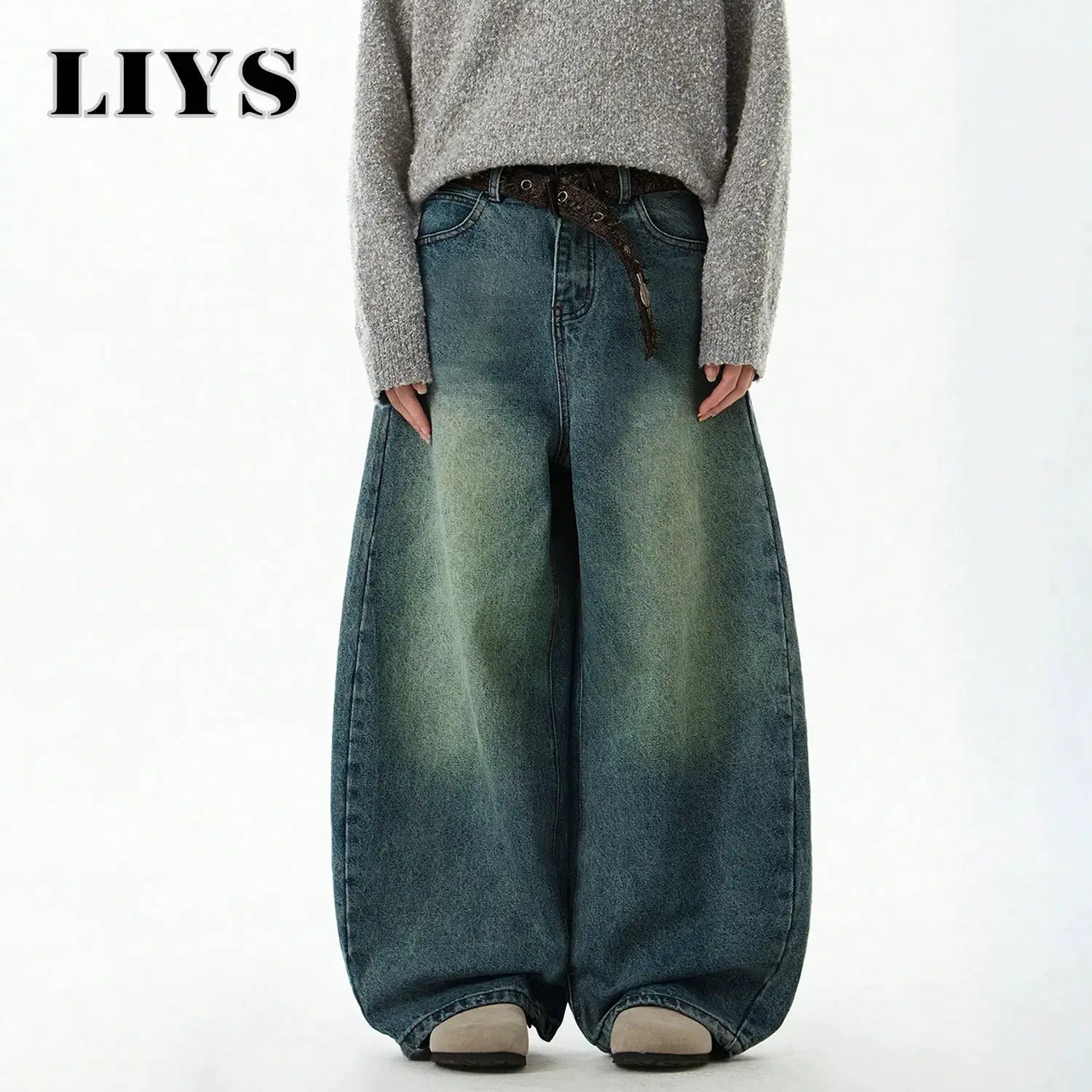Men's blue wide-leg denim pants by LIYS, faded wash with belt detail.