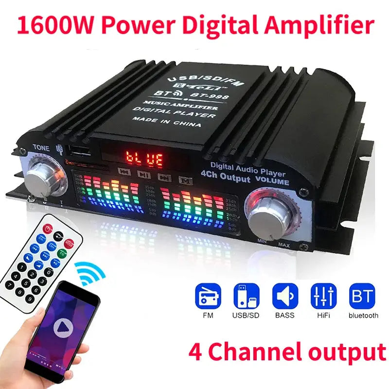 1600W Peak Power HiFi 4 Channel Digital Amplifier Bluetooth Karaoke Player FM Radio Remote Control