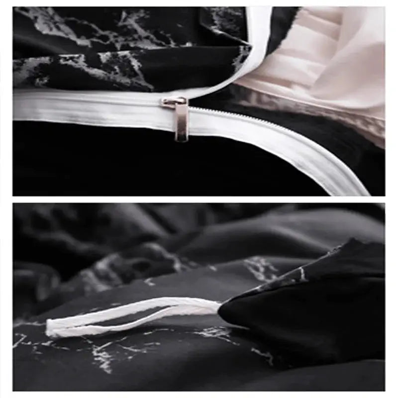 3-piece duvet cover set with pillowcases in black marble pattern and white zipper closure