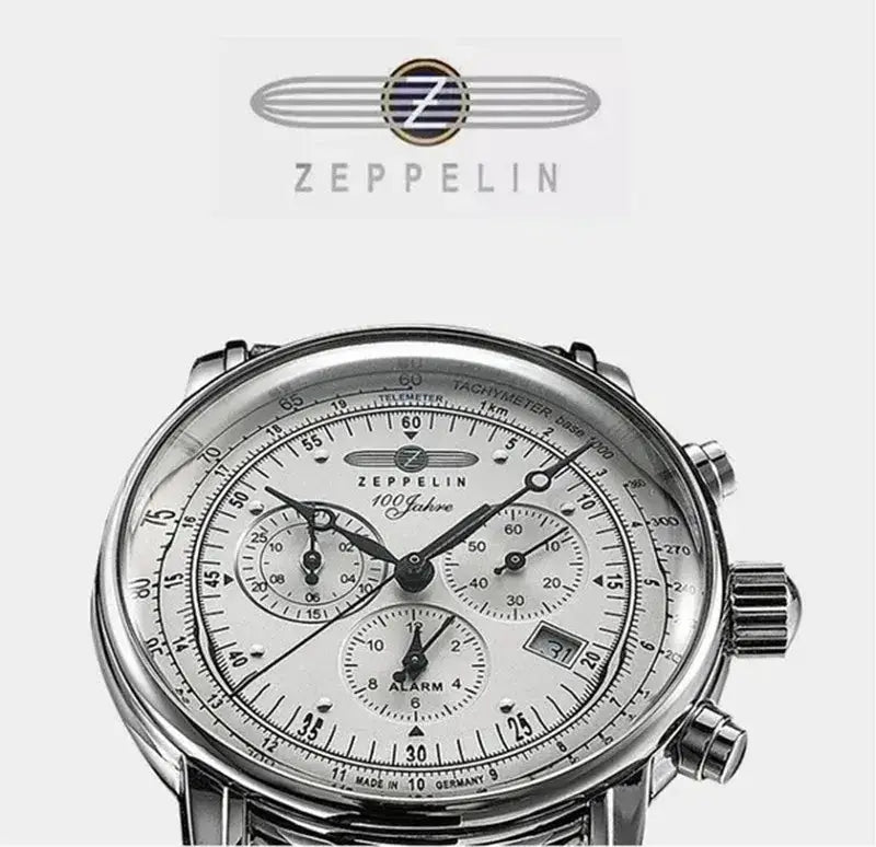 Zeppelin men's automatic chronograph watch with silver dial and stainless steel case, multiple subdials