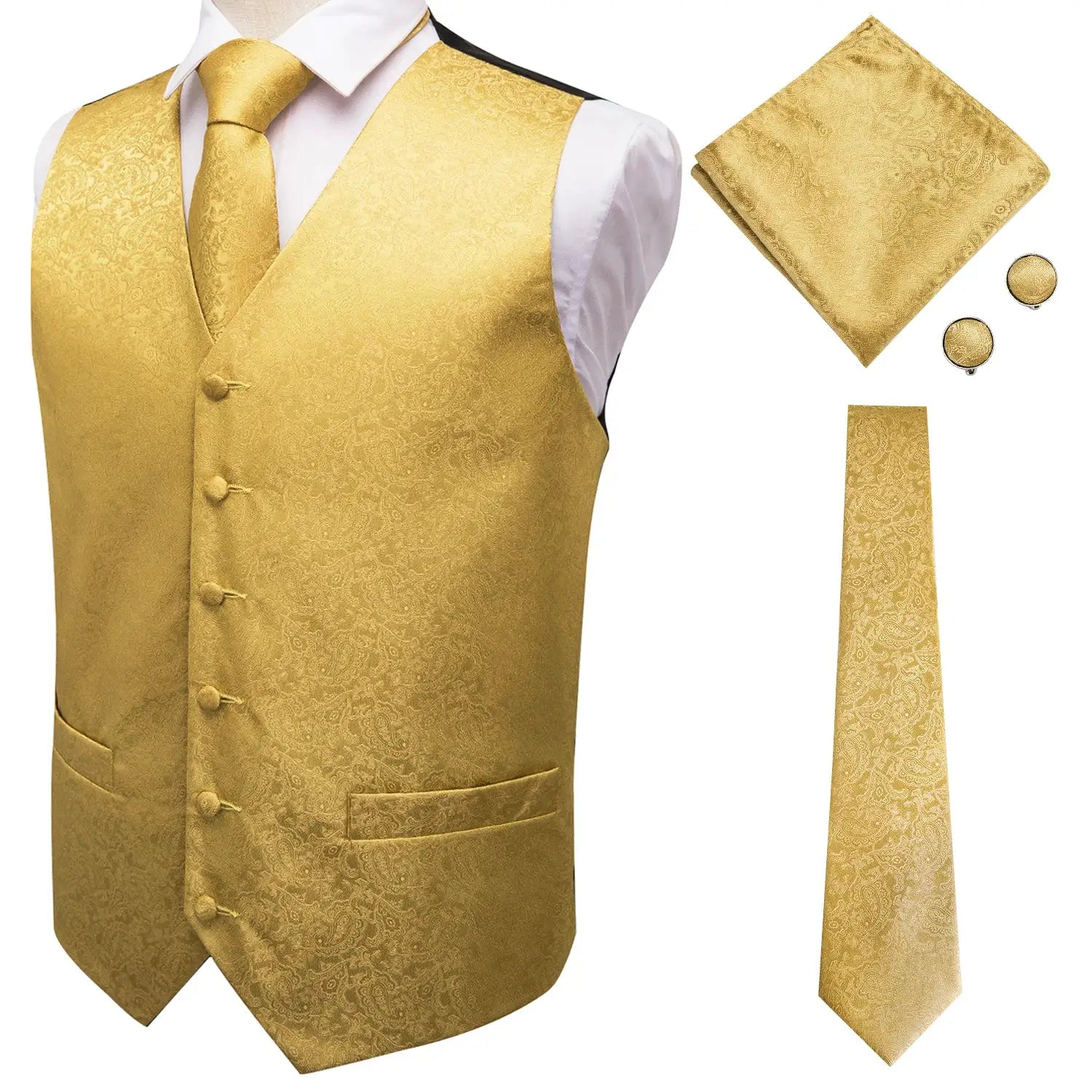 Simples Market men's gold paisley waistcoat set with tie, pocket square, and cufflinks