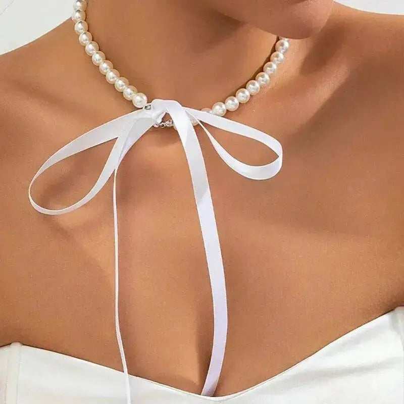 Exquisite Imitation Pearl Choker Necklace With Velvet Lace Up Bow Tie Design For Women Party Jewelry
