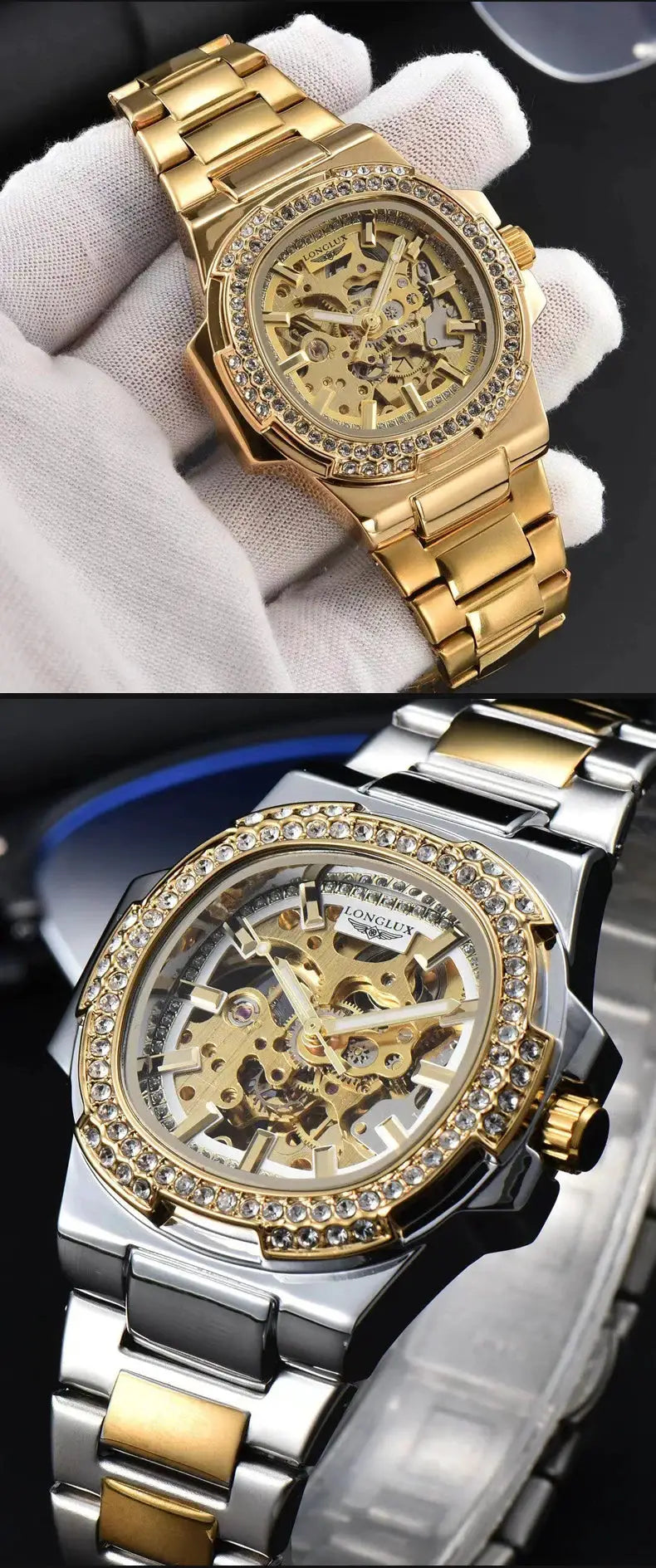 Two LONGLUX skeleton automatic watches: gold-tone and silver two-tone with crystal bezel, stainless steel