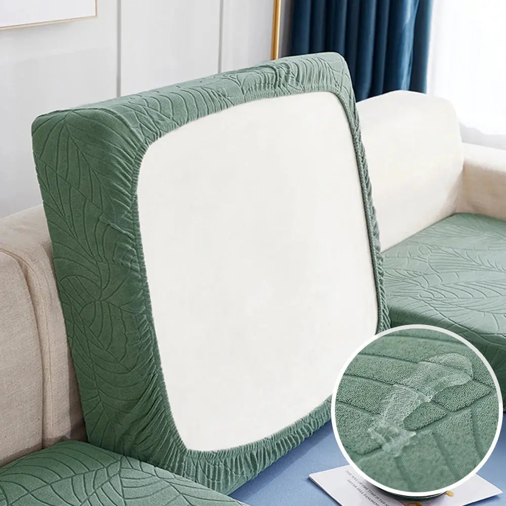 Waterproof stretch green jacquard sofa cushion covers by Simples Market; removable protectors for chaise lounge cushions