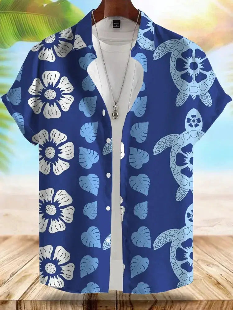 Seaside Hawaiian style men's short-sleeve shirt by Simples Market in blue with white floral print
