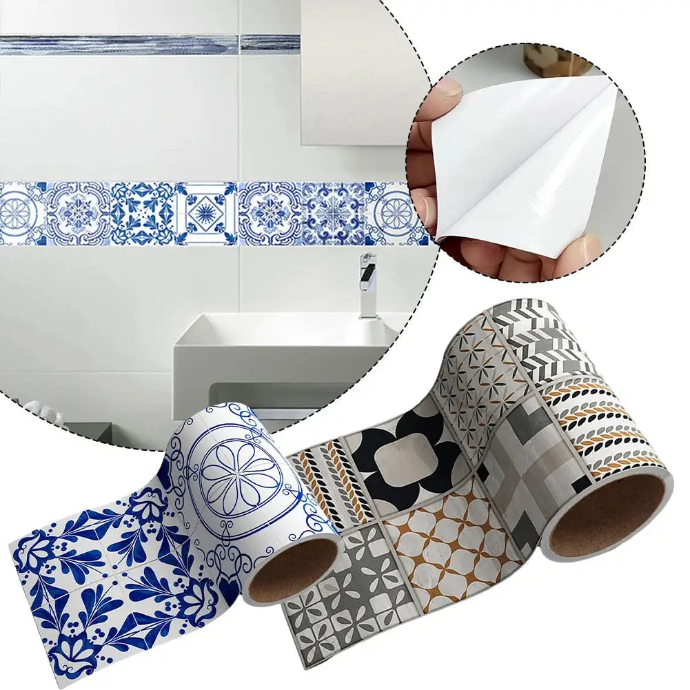 Self-adhesive wall border strips in blue/white ceramic tile patterns; waterproof peel-and-stick decor