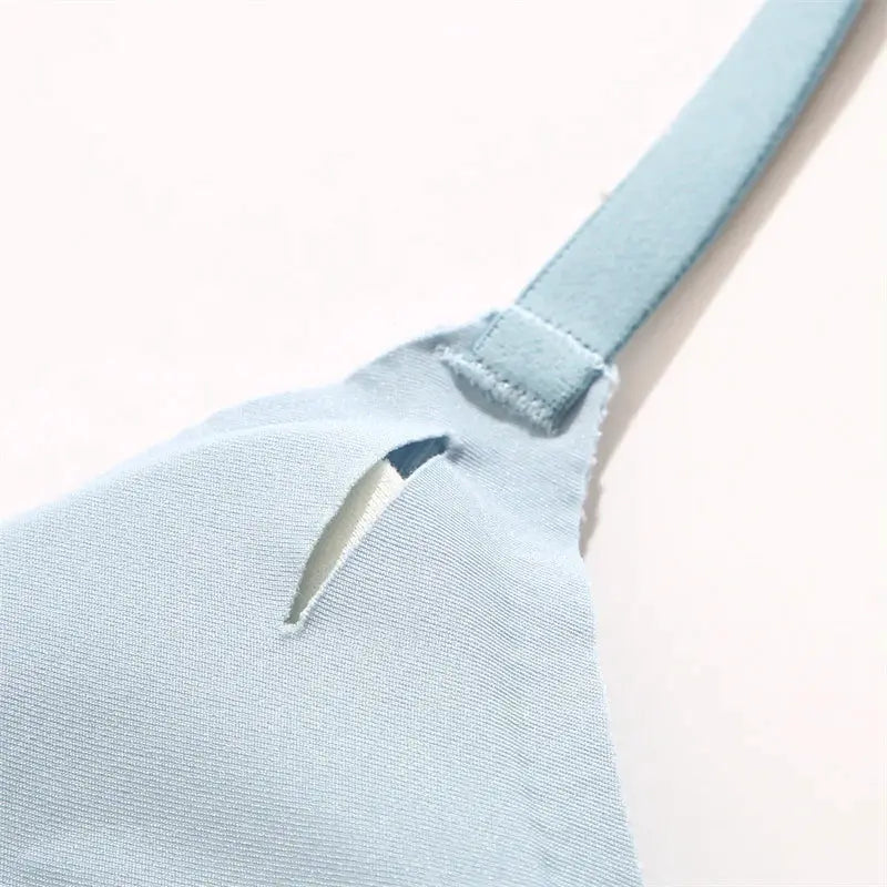 FINETOO wireless padded bralette strap in light blue fabric, close-up detail