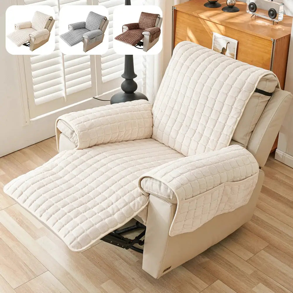 Simples Market recliner sofa protector cover in beige non-slip quilted plush fabric with armrest pockets