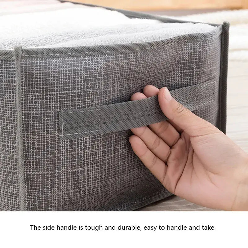 Gray fabric clothes organizer storage box with a durable side handle