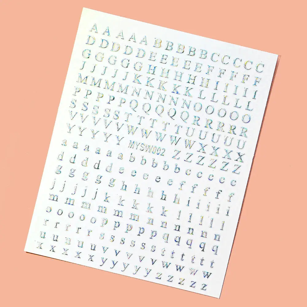3D alphabet nail stickers sheet in laser silver/gold, 26 letters, self-adhesive manicure decals by Simples Market