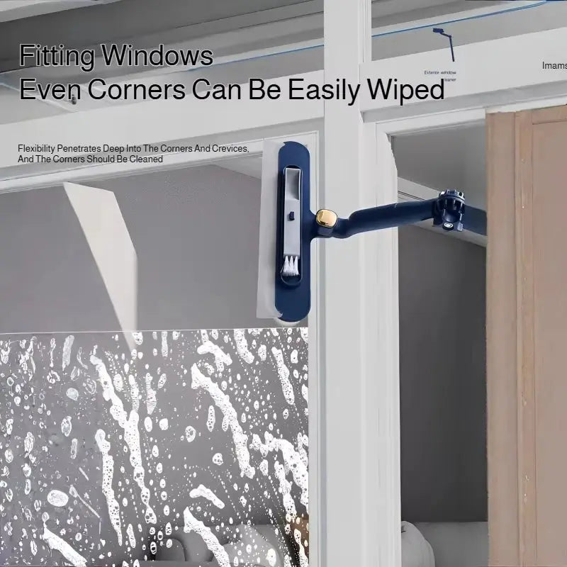 Glass cleaning brush with squeegee on blue telescopic wand mounted to door frame