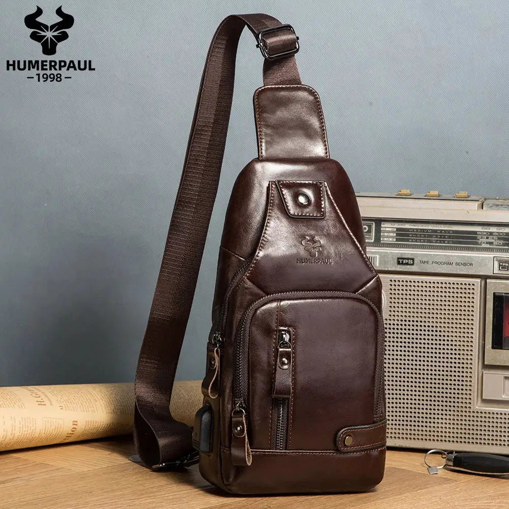 HUMERPAUL men's brown genuine leather chest bag with crossbody strap and multiple zip pockets