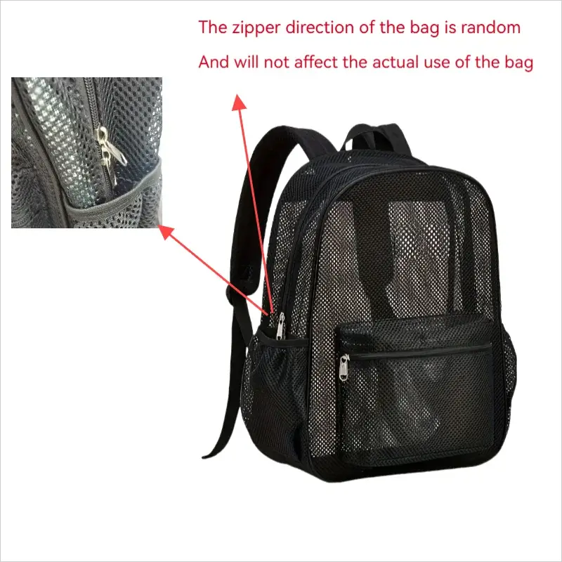 Simples Market women's mesh breathable backpack in black with front zip pocket and mesh side pockets