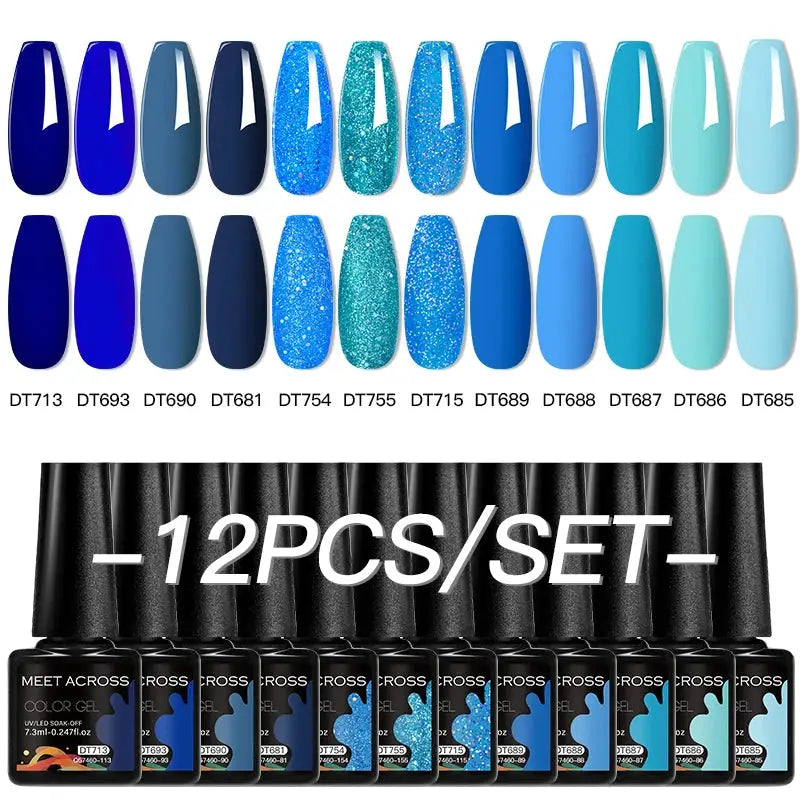 Meet Across 12-piece gel nail polish set by Simples Market in pink glitter and blue macaron shades