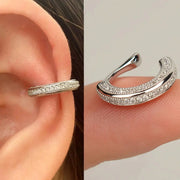 Delicate zircon clip-on ear cuff, silver-tone curved double-band with pave stones