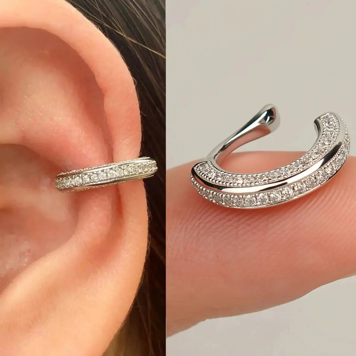 Delicate zircon clip-on ear cuff, silver-tone curved double-band with pave stones