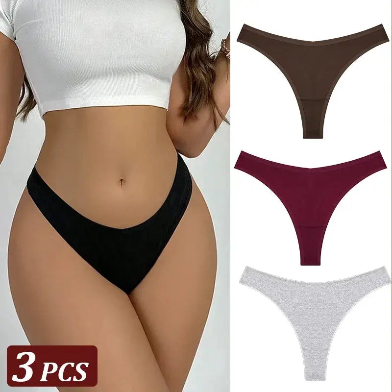 3-piece Simples Market seamless thong underwear set; cotton, low-rise T-back briefs in brown, burgundy and gray.