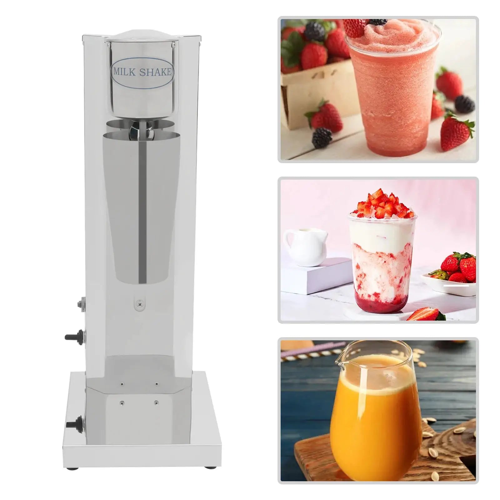 Simples Market stainless steel milk shake machine, 650ml capacity, commercial mixer, with three beverage images.