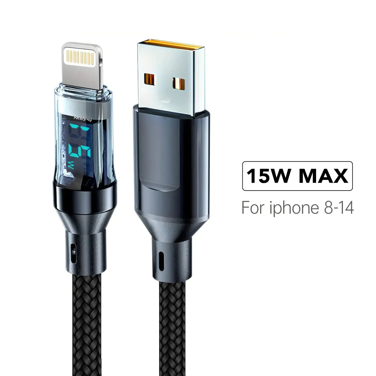 OOZCC LCD watt-display USB-A to Lightning charging cable, black braided, 15W max