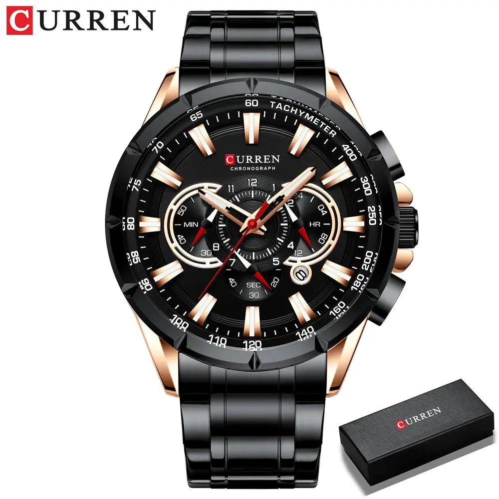 CURREN 8363 chronograph watch for men with black stainless steel band, rose-gold luminous pointers; comes with box
