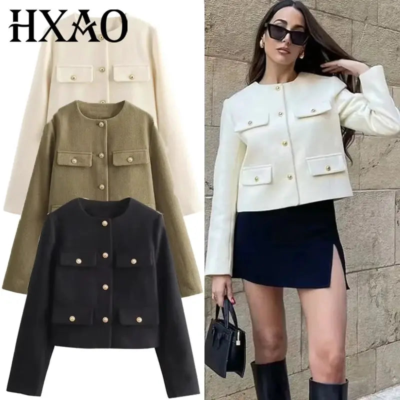 HXAO Autumn Long Sleeve Cropped Jacket Demi Season Layering For Casual Elegant Style