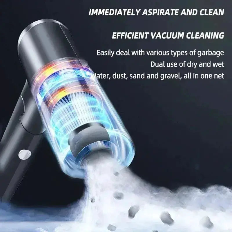 Simples Market portable handheld cordless car and home vacuum cleaner, 120W high power, blue translucent canister.
